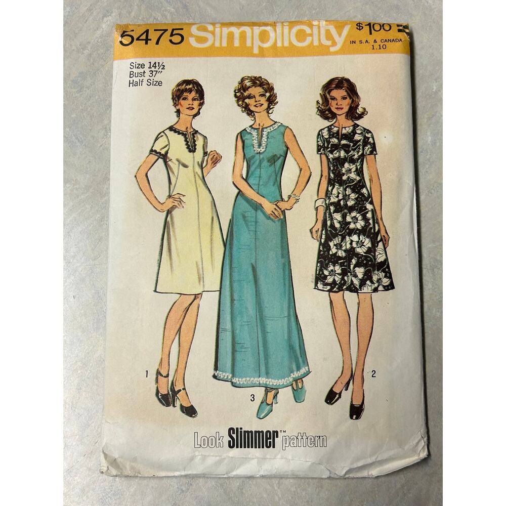 Vintage‎ 1970's Simplicity "Look Slimmer" Pattern #5475 Women's Dress Size 14.5
